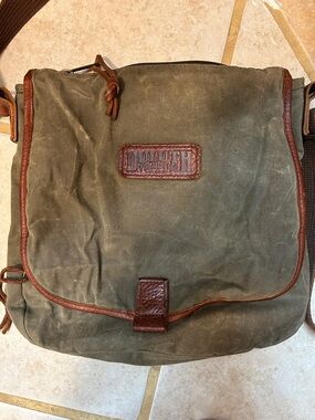 Duluth Trading Co Olive Canvas Messenger Bag with Brown Leather Trim